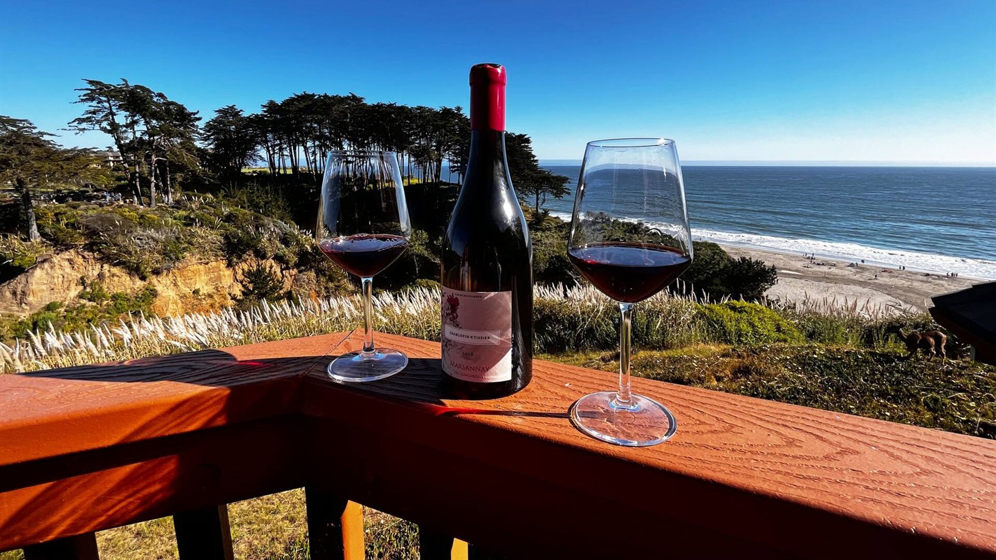 Wine on the Unit 75 balcony overlooking Monterey Bay